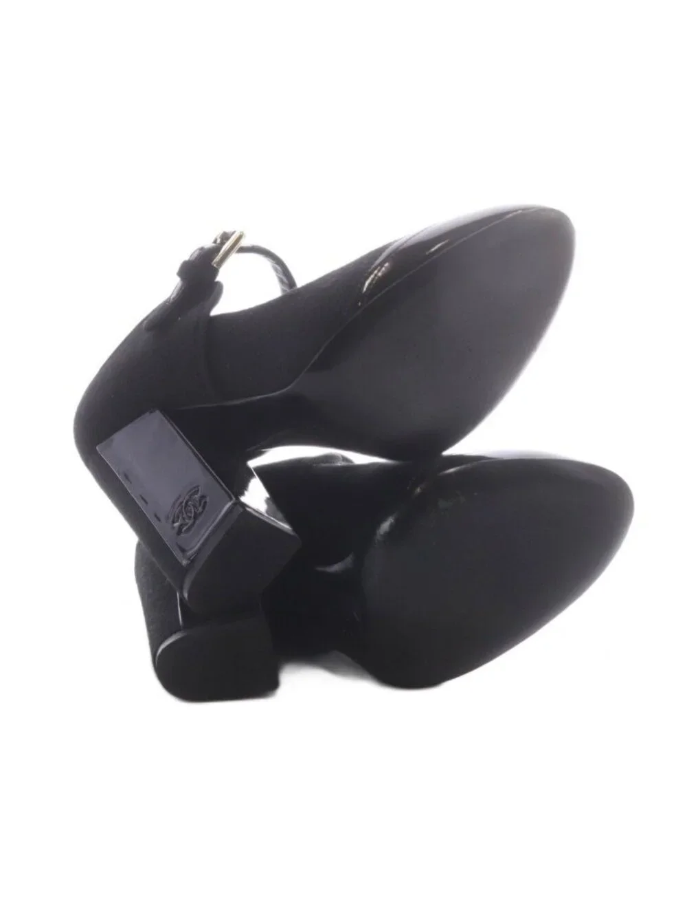 Chanel Pumps Chunky Heel CC Logo Strap Felt Patent Leather Black